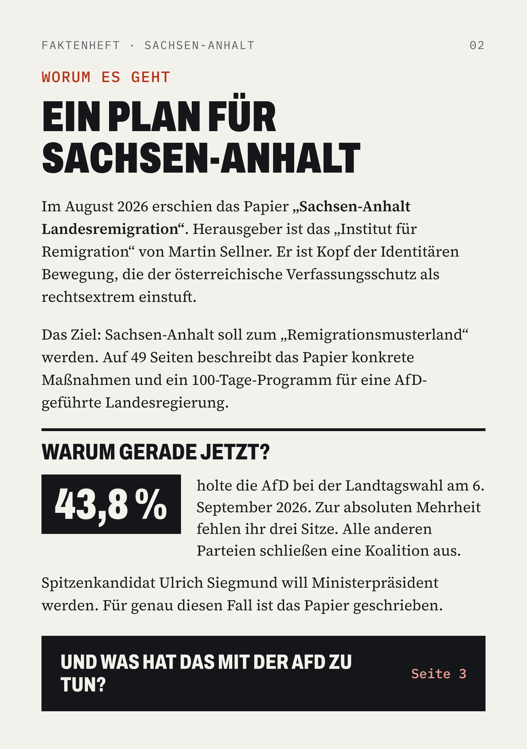 FAKTENHEFT · SACHSEN-ANHALT 02 WORUM ES GEHT EIN PLAN FÜR SACHSEN-ANHALT Im August 2026 erschien das Papier „Sachsen-Anhalt Landesremigration“. Herausgeber ist das „Institut für Remigration“ von Martin Sellner. Er ist Kopf der Identitären Bewegung, die der österreichische Verfassungsschutz als rechtsextrem einstuft. Das Ziel: Sachsen-Anhalt soll zum „Remigrationsmusterland“ werden. Auf 49 Seiten beschreibt das Papier konkrete Maßnahmen und ein 100-Tage-Programm für eine AfD-geführte Landesregierung. WARUM GERADE JETZT? 43,8 % holte die AfD bei der Landtagswahl am 6. September 2026. Zur absoluten Mehrheit fehlen ihr drei Sitze. Alle anderen Parteien schließen eine Koalition aus. Spitzenkandidat Ulrich Siegmund will Ministerpräsident werden. Für genau diesen Fall ist das Papier geschrieben. UND WAS HAT DAS MIT DER AFD ZU TUN? Seite 3