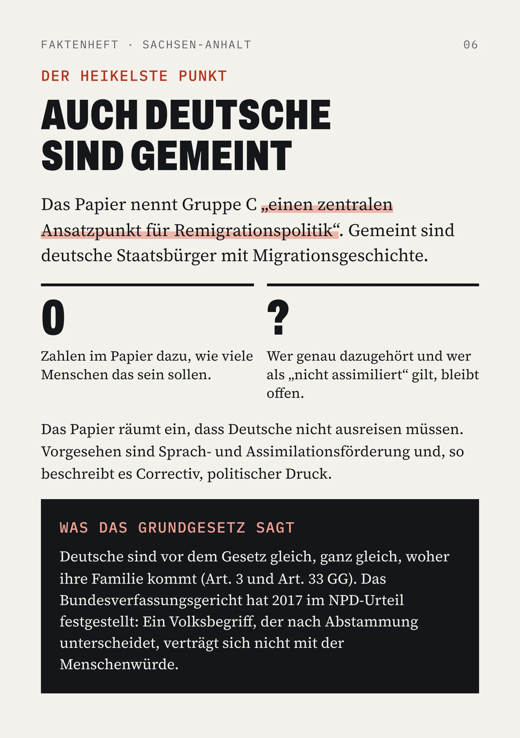 FAKTENHEFT · SACHSEN-ANHALT 06 DER HEIKELSTE PUNKT AUCH DEUTSCHE SIND GEMEINT Das Papier nennt Gruppe C „einen zentralen Ansatzpunkt für Remigrationspolitik“. Gemeint sind deutsche Staatsbürger mit Migrationsgeschichte. 0 Zahlen im Papier dazu, wie viele Menschen das sein sollen. ? Wer genau dazugehört und wer als „nicht assimiliert“ gilt, bleibt offen. Das Papier räumt ein, dass Deutsche nicht ausreisen müssen. Vorgesehen sind Sprach- und Assimilationsförderung und, so beschreibt es Correctiv, politischer Druck. WAS DAS GRUNDGESETZ SAGT Deutsche sind vor dem Gesetz gleich, ganz gleich, woher ihre Familie kommt (Art. 3 und Art. 33 GG). Das Bundesverfassungsgericht hat 2017 im NPD-Urteil festgestellt: Ein Volksbegriff, der nach Abstammung unterscheidet, verträgt sich nicht mit der Menschenwürde.